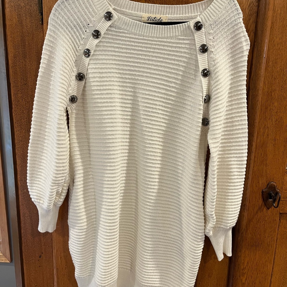 Listicle Ivory Ribbed Dress with Button Accents